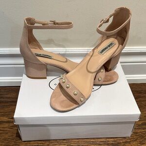 Steve Madden Blush Pearl-Accent Block Heel Sandals